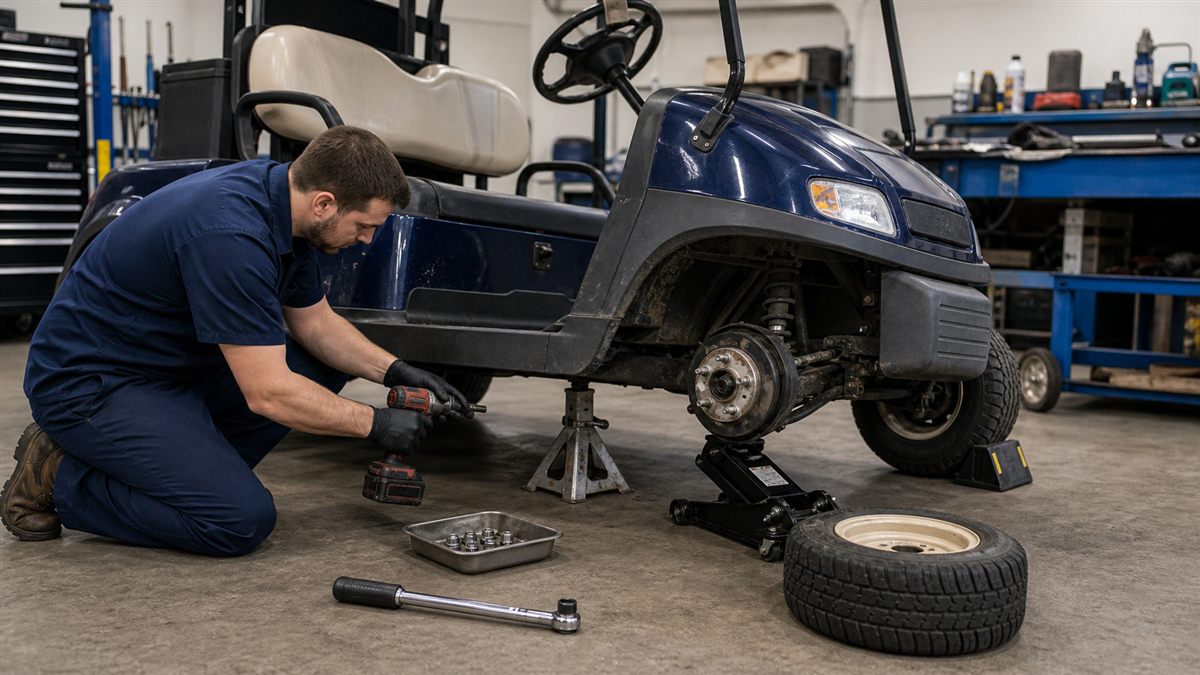 Technician changing a golf cart tire